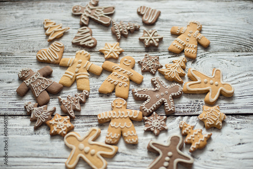 christmas cookie and candy on wood, food top view