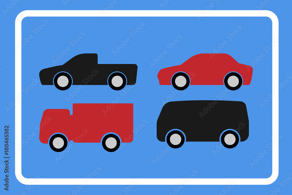 Car icon set with red and black on blue background with white border, Truck,Pickup,Van,Sedan. Automotive icon concept. Vector illustration design EPS10 Car icon set with red and black on blue background with white border, Truck,Pickup,Van,Sedan. Automotive icon concept. Vector illustration design EPS10