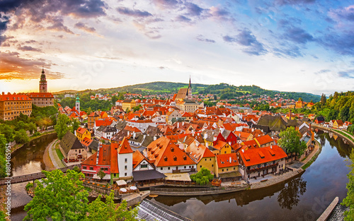 Panoramic sunset view over the old Town of Cesky Krumlov, Czech Republic photo