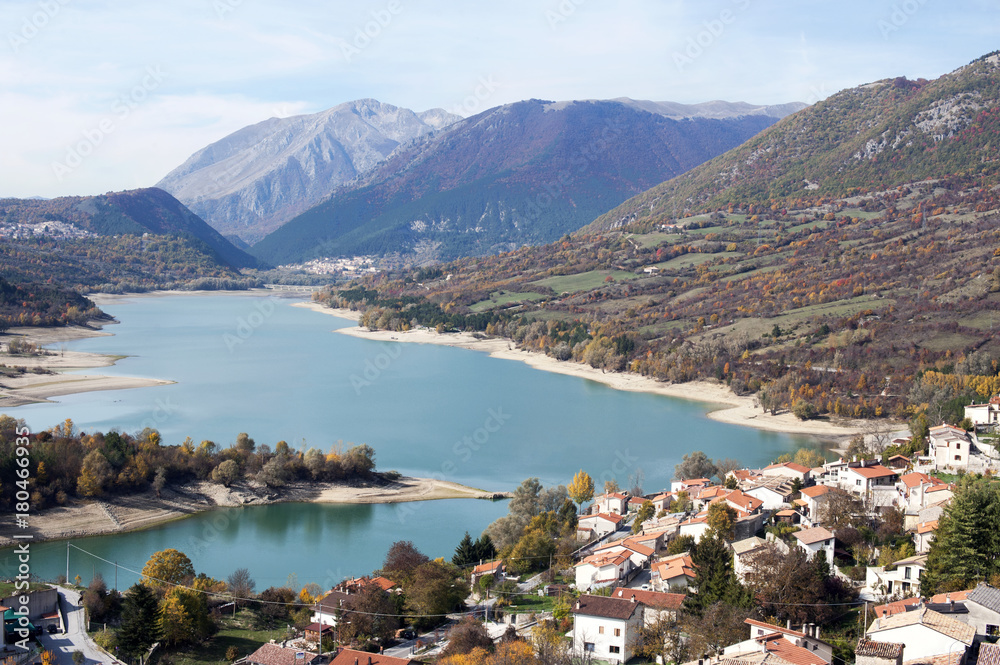 The town of Villetta Barrea that overlooks the namesake lake in the National Park of Abruzzo.