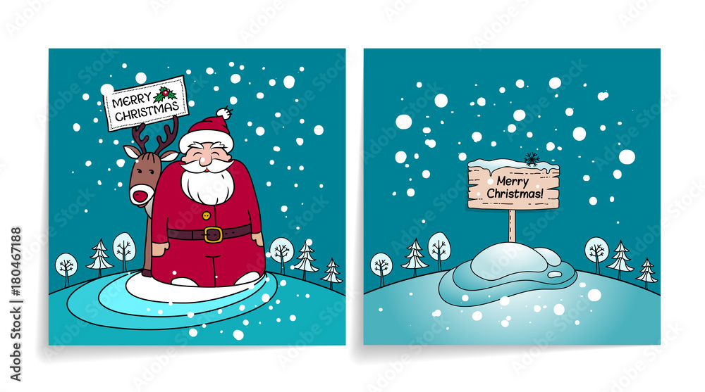 Merry Christmas card with Santa Claus. Cover and back of holiday card. Snowy winter background.Santa, gifts and reindeer Merry Christmas card with Santa Claus. Cover and back of holiday card. Snowy winter background.Santa, gifts and reindeer