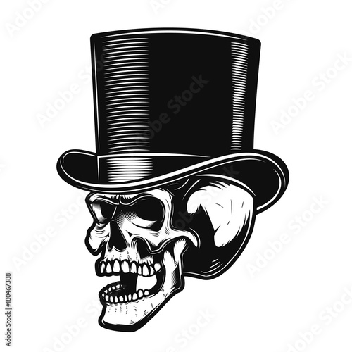 Skull in gentleman hat. Design element for poster, emblem, sign, t shirt. Vector illustration