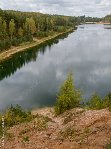 scenic wetlands with country lake or river in summer