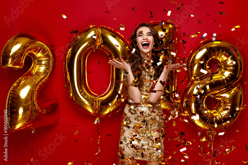 New Year. Woman With Balloons Celebrating New Year 2018