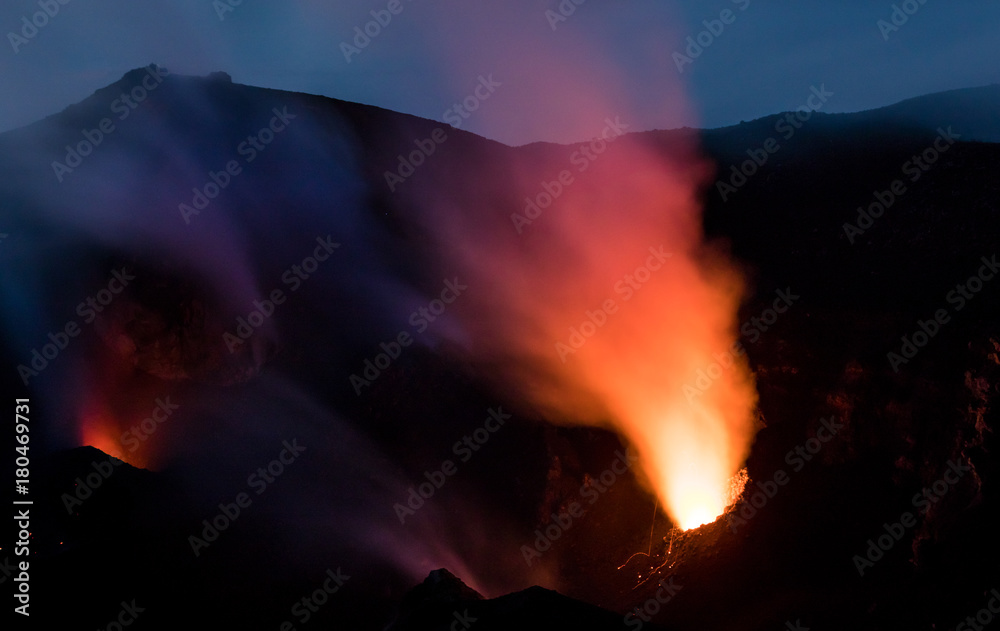 Close up of glowing fumaroles at the summit of Stromboli vulcano, Italy, at sunset.