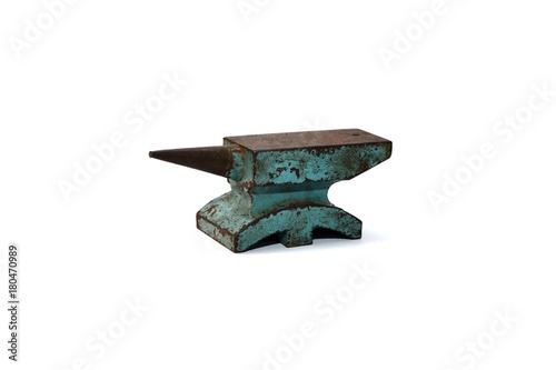 Old rusty rugged anvil foundry isolated white background.