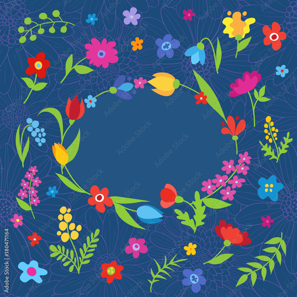 Beautiful greeting card with spring flowers blue
