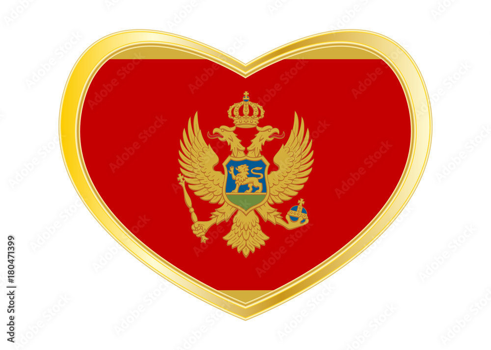 Flag of Montenegro in heart shape, golden frame Flag of Montenegro in heart shape, golden frame