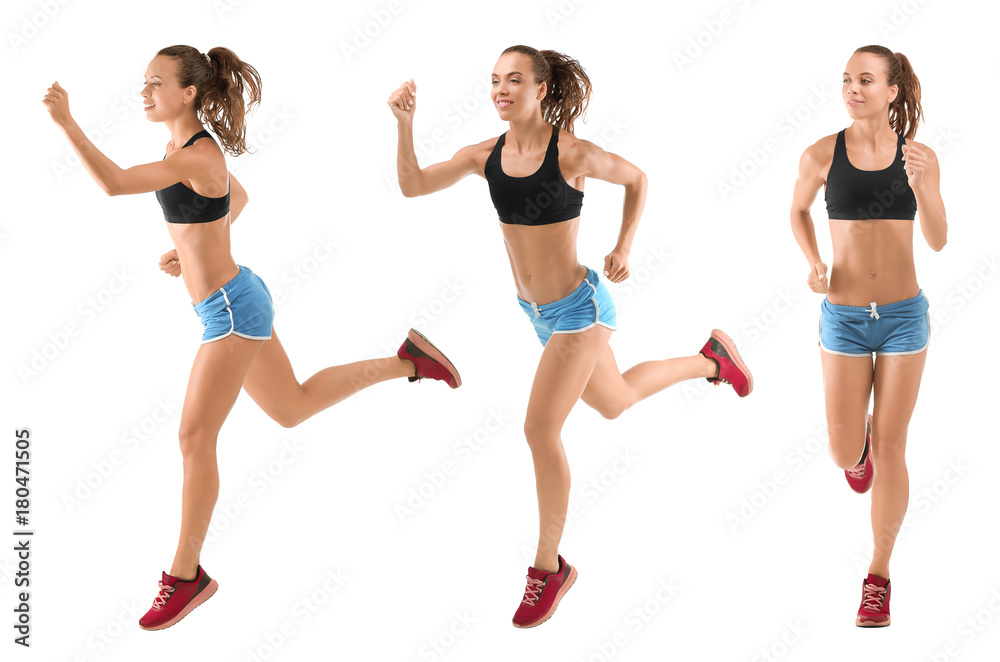 Collage with running woman on white background