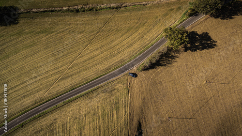 Vista aerea di strada asfaltata che taglia in 2 i campi da coltivare photo