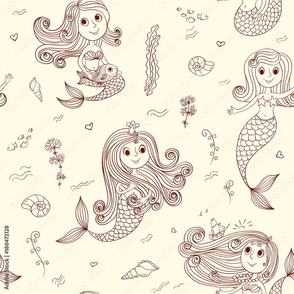Fototapeta premium Doodle mermaids seamless pattern brown