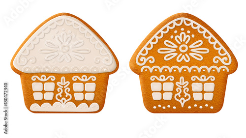 Set of traditional Christmas ginger cookies decorated with sugar icing. Gingerbread houses. Stock vector illustration.