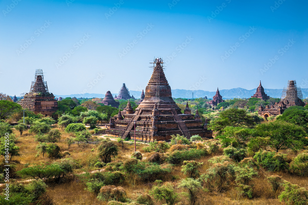 Panorama with ancient temple in Bagan, Myanmar.