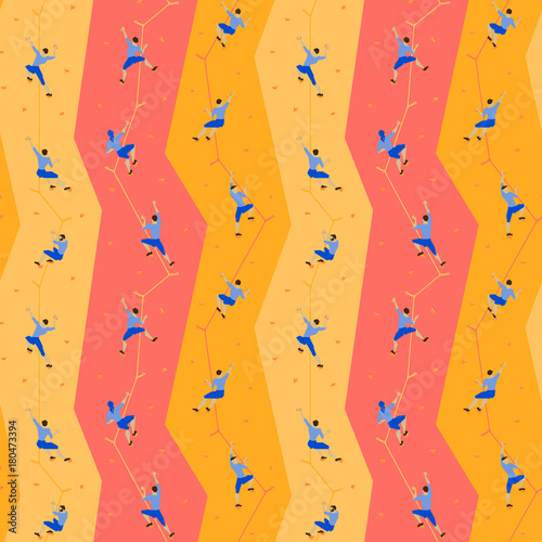 Seamless pattern with climbers on climbing wall.