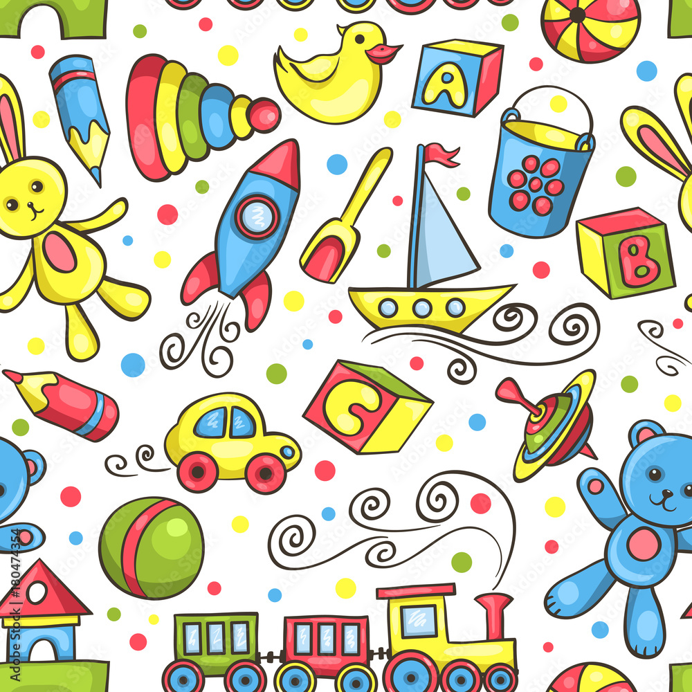 Cute hand-drawn seamless pattern with toys Cute hand-drawn seamless pattern with toys