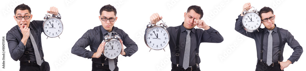 Funny businessman with clock isolated on white Funny businessman with clock isolated on white
