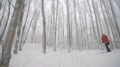 A wide shot of two skiers gliding down a path