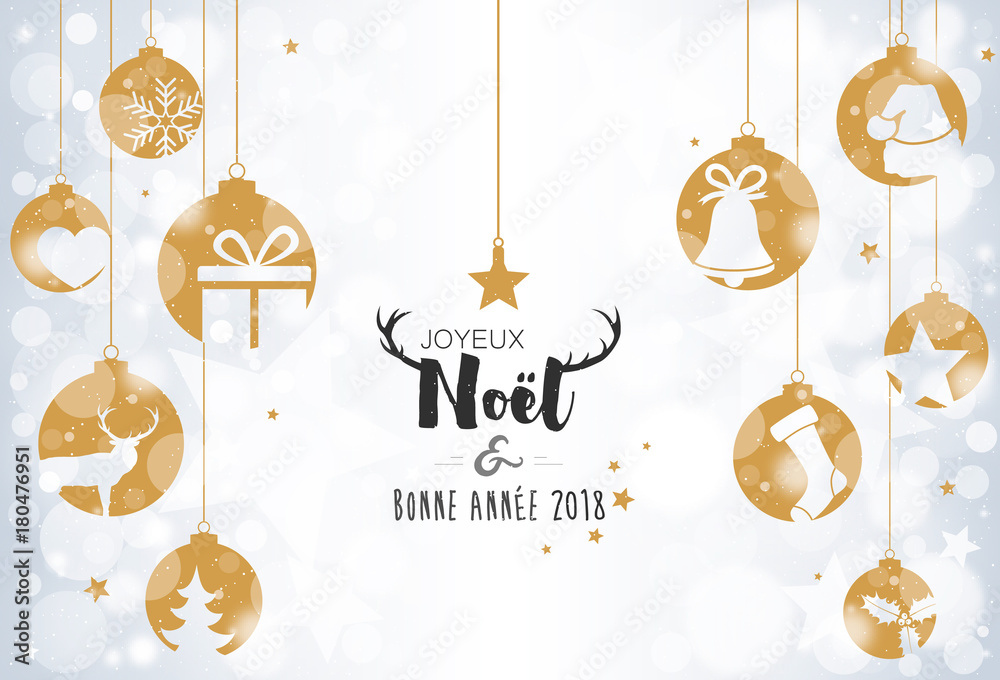 Carte avec boules dorées suspendues sur bokeh