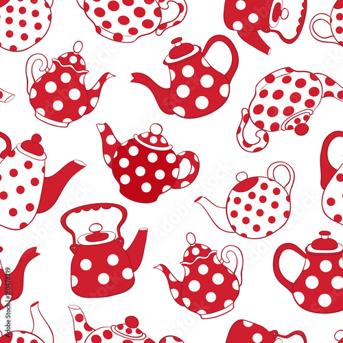 Teapots red and white seamless pattern
