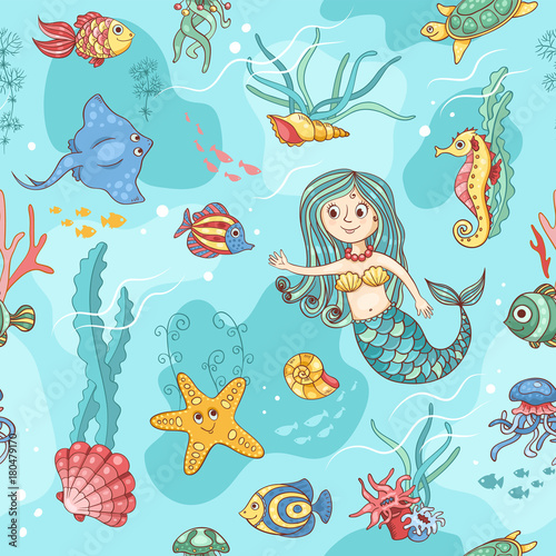Blue seamless pattern with mermaid