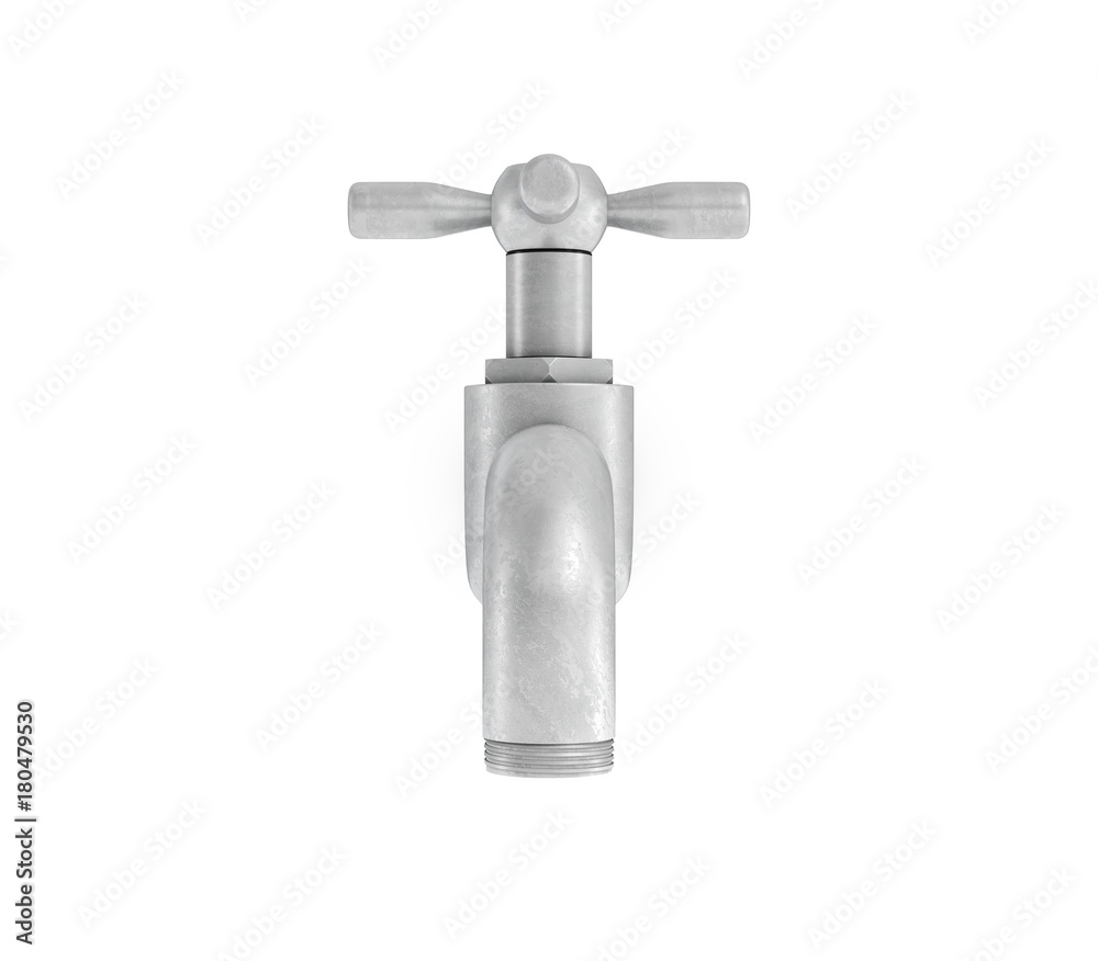 3d rendering of single metal water tap with a cross handle isolated on a white background.