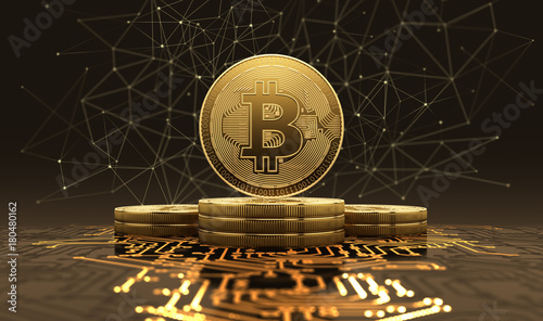 Golden bitcoins standing on circuit board, cryptocurrency concept. 3d illustration.