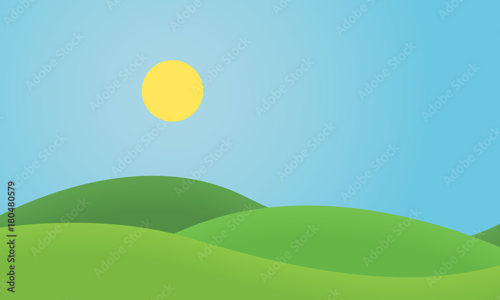 Flat design grass landscape with hills and glowing sun under blue sky Flat design grass landscape with hills and glowing sun under blue sky