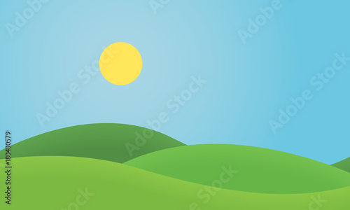 Flat design grass landscape with hills and glowing sun under blue sky © Forgem