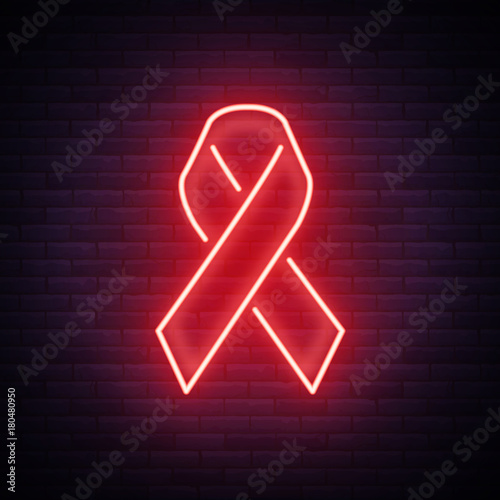 World AIDS Day, Red ribbon for HIV infection from HIV. Vector illustration in a neon style. Neon sign, a symbol for your projects