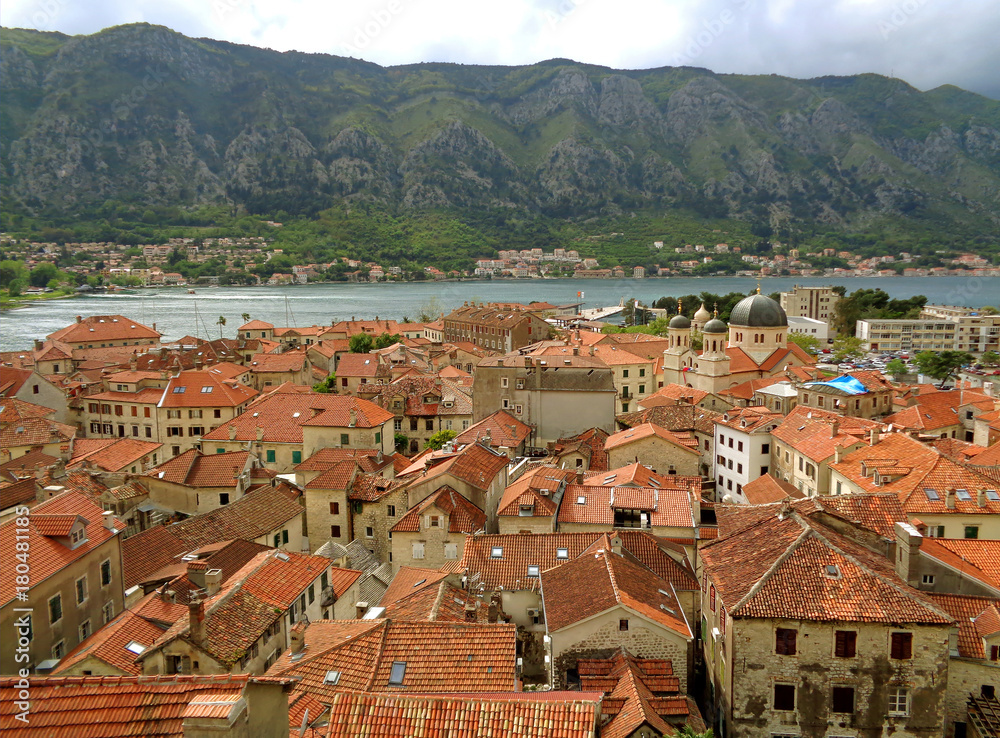 Aerial View of the Orange Color Tiled Roofs of Kotor Old City, Kotor Bay of Montenegro 