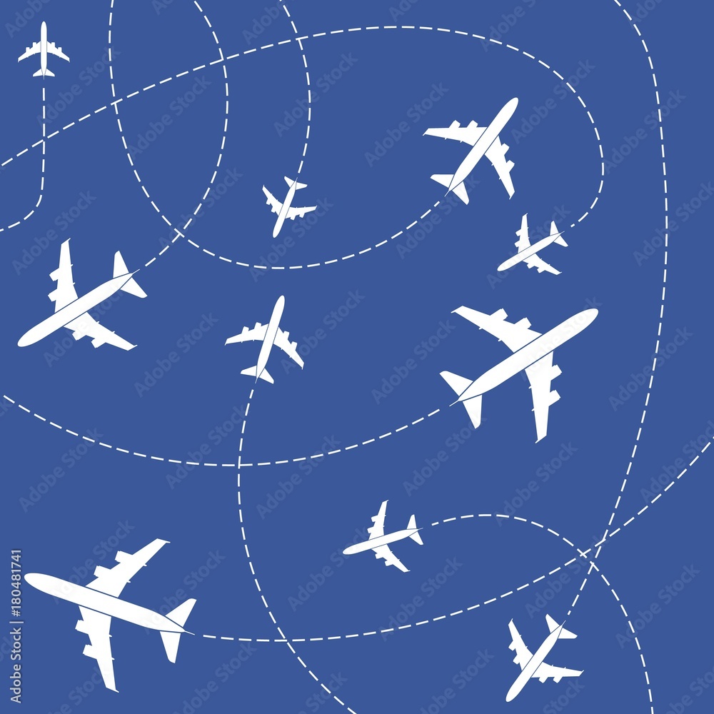 Creative vector illustration of plane with dashed path lines isolated on background. Art design airplane sky route. Abstract concept graphic element for air transportation presentation
