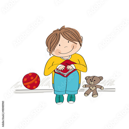 Happy little boy sitting on the pavement and holding a book - original hand drawn illustration