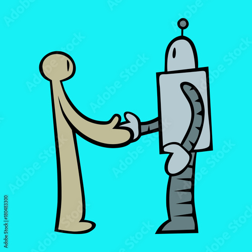 Cartoon illustration of handshake between human and vintage robot photo