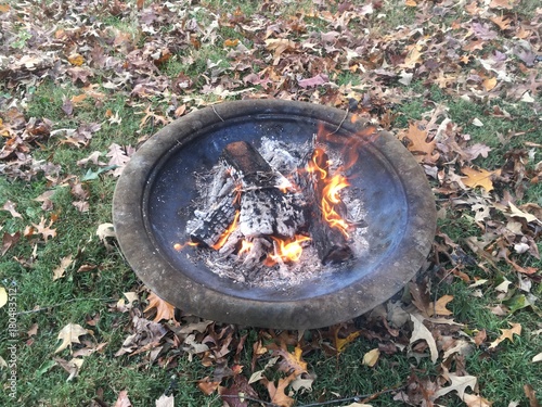 fire pit with burning wood in fall