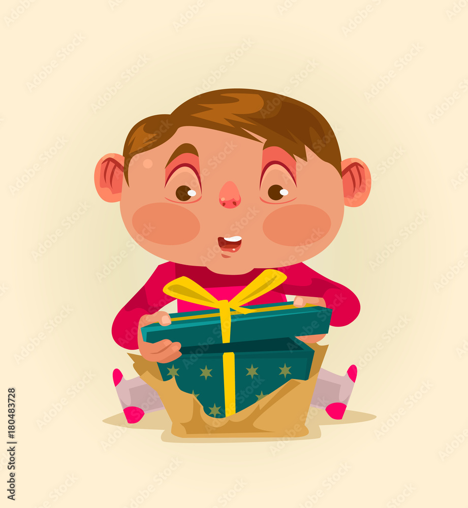 Little boy child get gift box. Vector flat illustration