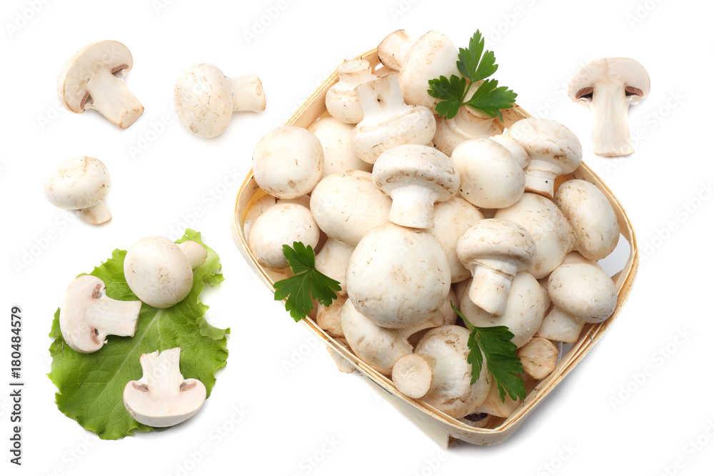 Fototapeta premium mushrooms with parsley isolated on white background. top view