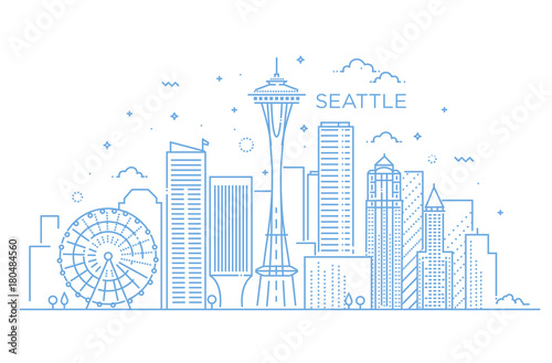 Banner of Seattle city in flat line trendy style. Seattle city line art.