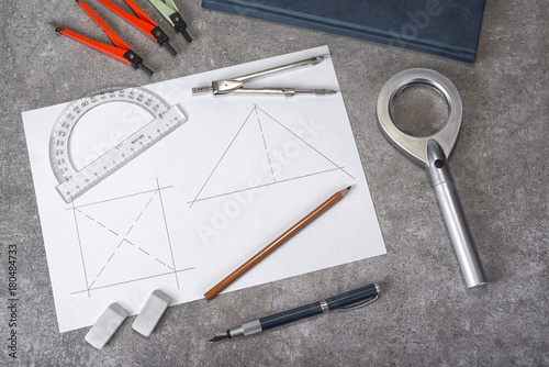 Mathemethics and geometry tools in the school and projecting. photo