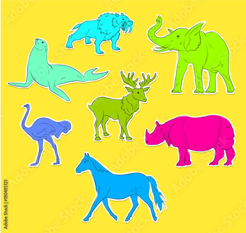 Fototapeta Naklejka Na Ścianę i Meble -  Colorful Wild Animals Stickers Collection Vector