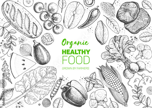 Healthy food frame vector illustration. Vegetables, meat and fish hand drawn. Organic products set. Farm market food collection.