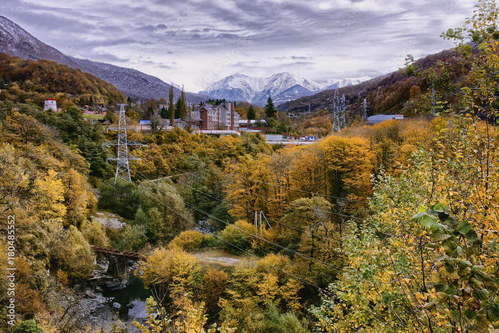 Autumn panorama the valley and mountains, Sochi region, Russia