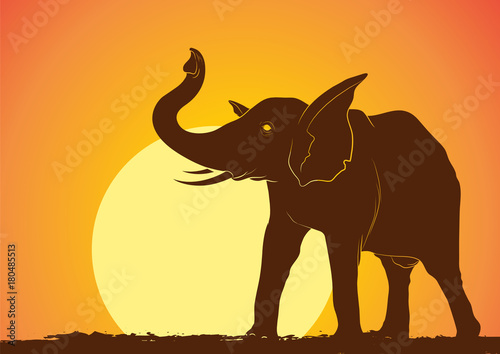 Wild Elephant Silhouette in Sunset Vector