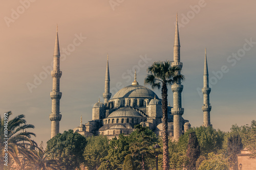 View of the famous Blue Mosque (Sultanahmet Camii). Istanbul. Turkey.Old photo style. 