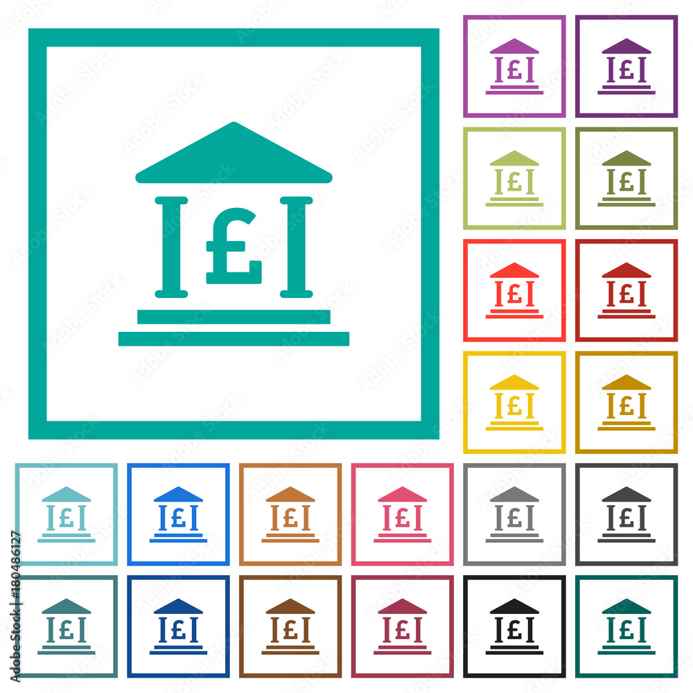 Pound bank office flat color icons with quadrant frames