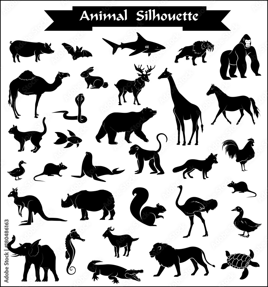 Fototapeta premium Set of Wild and Farm Animals Silhouettes