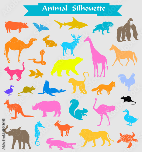Fototapeta Naklejka Na Ścianę i Meble -  Colored Zoo Animals Silhouettes Set