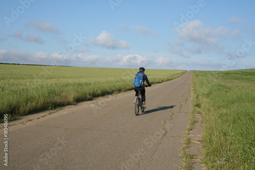 Summer cyclist, young woman riding bike on road among fields