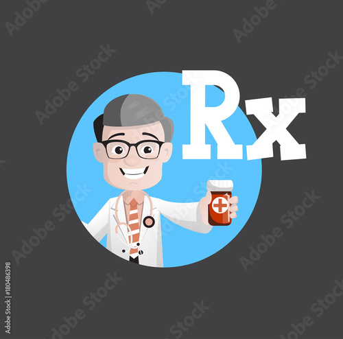 Happy Psychiatrist with Pills Bottle Vector