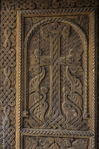 Decorative wooden door to the church of Saint Hripsime in Etchmiadzin.