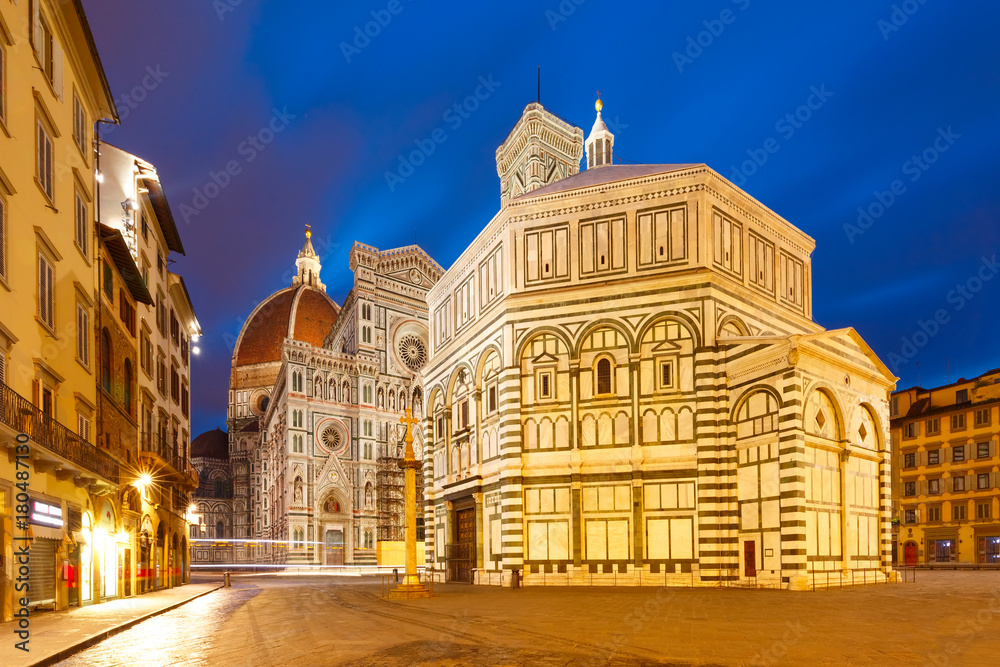 Famous Duomo Santa Maria Del Fiore and Baptistery on the Piazza del Duomo in the morning in Florence, Tuscany, Italy